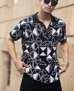Black Geometric Knit Polo T-Shirt