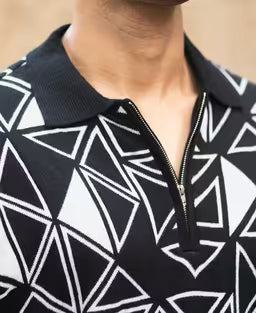 Black Geometric Knit Polo T-Shirt
