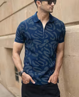 Navy Abstract Print Polo T-Shirt