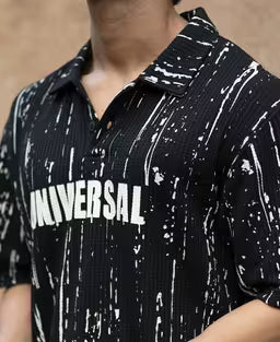 Black Structured Printed Polo T-Shirt