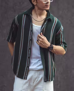 Olive Green Vertical Stripes Oversize Drop Shoulder Shirt