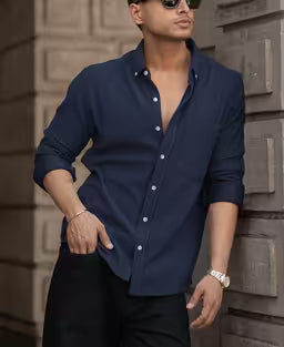 Blue Corduroy Regular Fit Full Sleeves Shirt