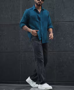 Teal Blue Waffle Structure Regular Fit Full Sleeves Shirt