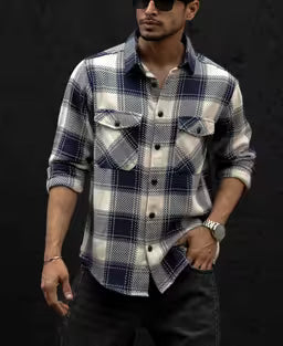 Navy Blue Regular Fit Checked Full Sleeves Shirt