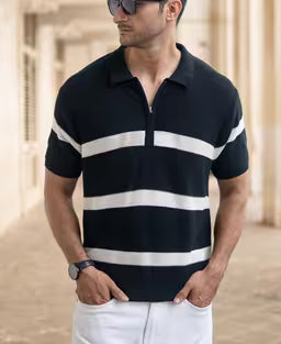 Black Striped Knit Polo T-Shirt