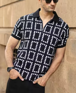 Black Knit Zipper Polo T-Shirt