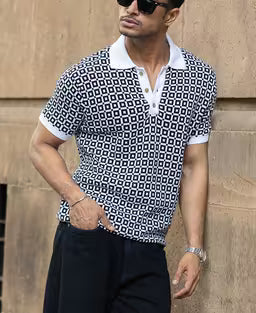 Black Jacquard Contrast Collar T-Shirt