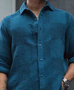 Teal Blue Waffle Structure Regular Fit Full Sleeves Shirt