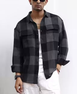 Charcoal Black Checks Structured Oversize Drop Shoulder Shirt