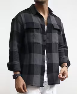 Charcoal Black Checks Structured Oversize Drop Shoulder Shirt