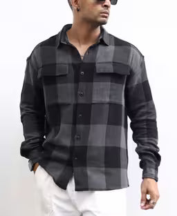 Charcoal Black Checks Structured Oversize Drop Shoulder Shirt