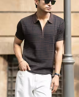 Dark Brown Knitted Houndstooth T-Shirt