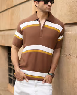 Brown Striped Knit T-Shirt