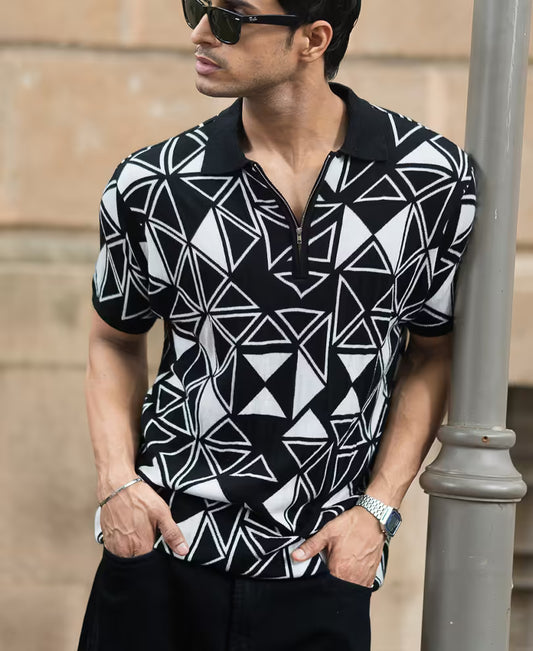 Black Geometric Knit Polo T-Shirt
