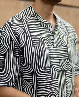 White And Black Printed Henley Oversized T-Shirt