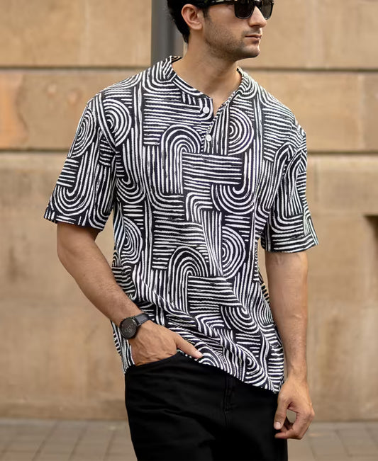 White And Black Printed Henley Oversized T-Shirt