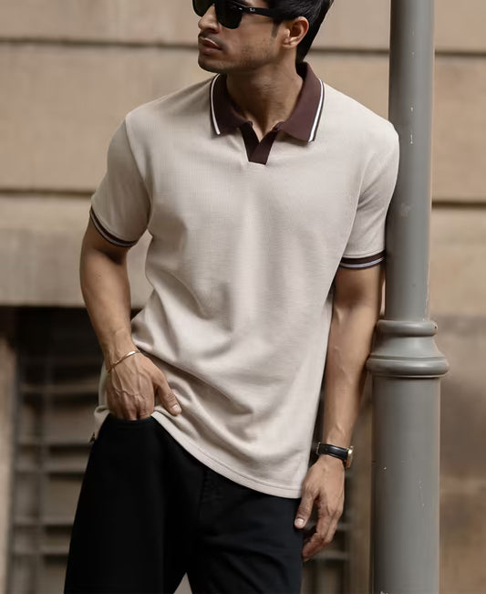 Beige Contrast Collar T-Shirt