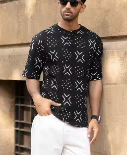 Black Structured Printed Henley T-Shirt