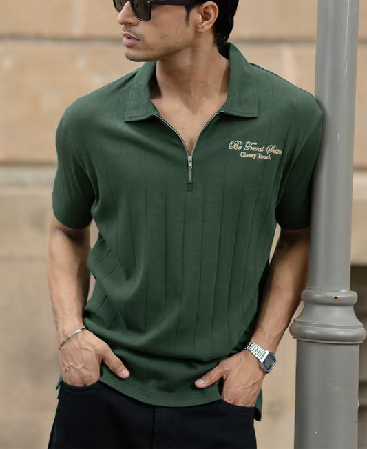 Green Embroidered Zipper T-Shirt