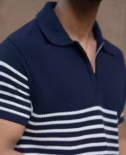 Blue Knitted Stripe Polo T-Shirt