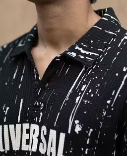 Black Structured Printed Polo T-Shirt