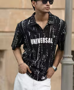 Black Structured Printed Polo T-Shirt