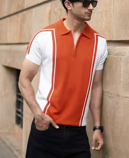 Orange Colour Blocked Polo T-Shirt