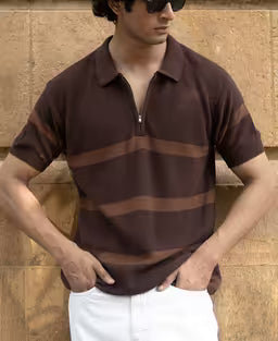 Coffee Brown Striped Knit T-Shirt