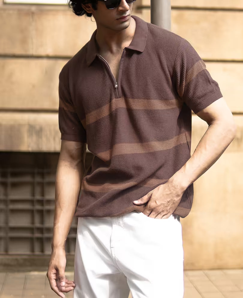 Coffee Brown Striped Knit T-Shirt