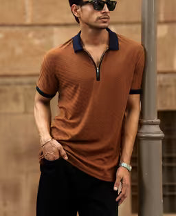 Dark Tan Contrast Collar Zipper T-Shirt