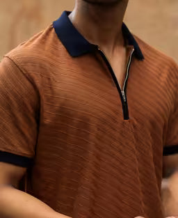 Dark Tan Contrast Collar Zipper T-Shirt