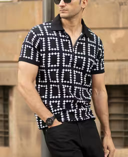 Black Knit Zipper Polo T-Shirt