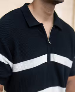 Black Striped Knit Polo T-Shirt