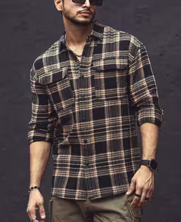 Multicolor Checks Double Pockets Oversize Drop Shoulder Shirt