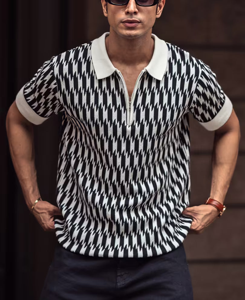 White and Black Knitted Regular Fit Half Sleeves Zipper T Shirt