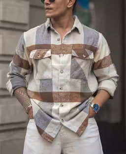 Beige Regular Fit Full Sleeve Shirt With Double Flap Pocket