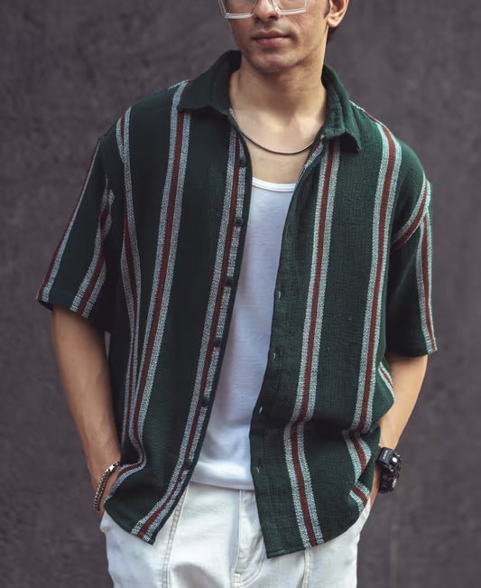 Olive Green Vertical Stripes Oversize Drop Shoulder Shirt